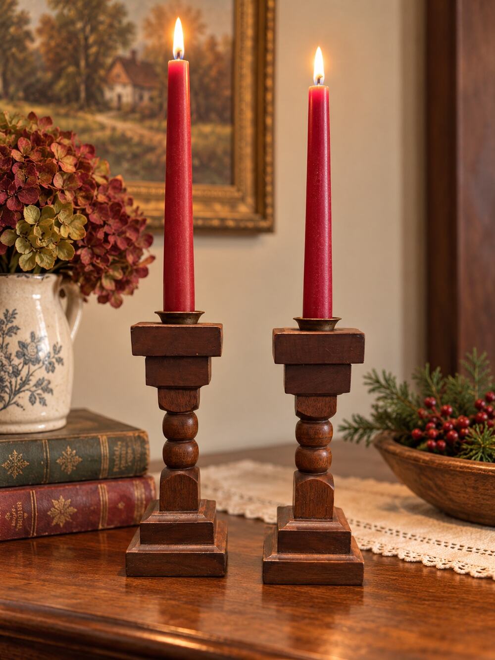 Vintage Hardwood Candlestick Holders Pair Dark Walnut Finish Brass Cups 6.5 Inch
